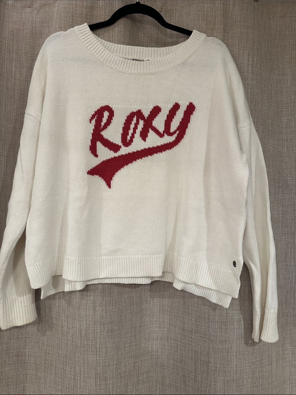 Roxy White Crewneck Sweater with Red Script Logo
